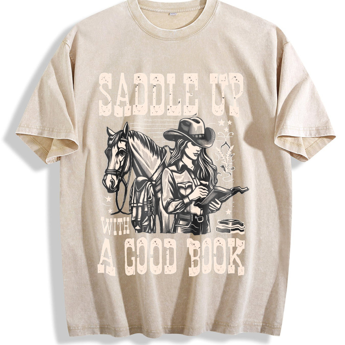 Cowgirl Saddle Up A Good Book Western Vintage Washed T-Shirt - Beige