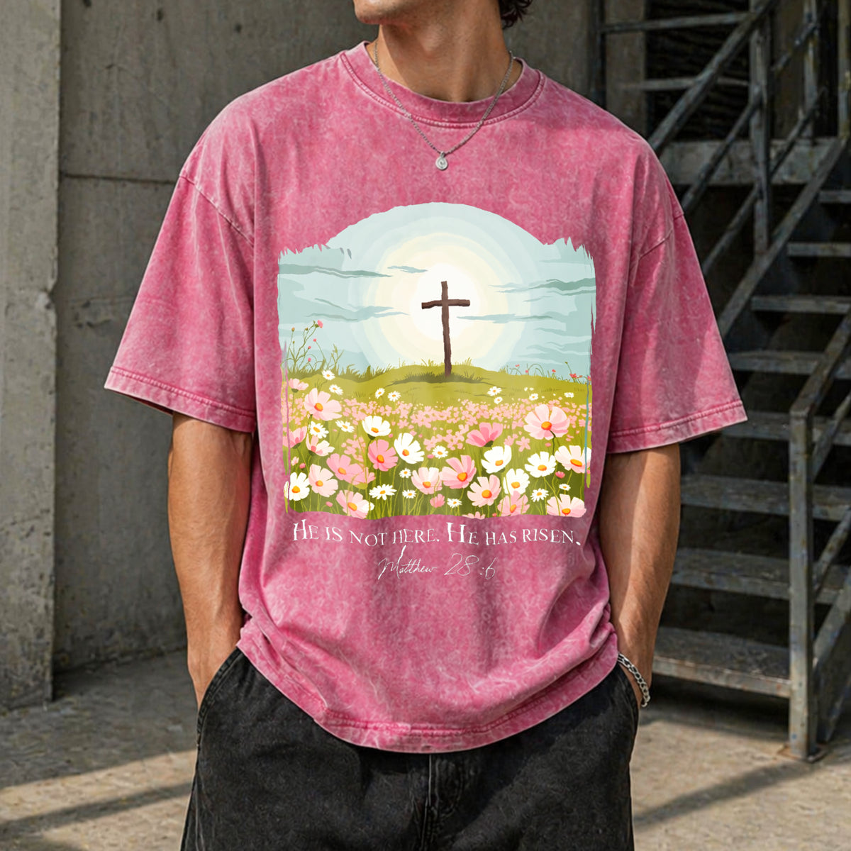 Christian Easter He Is Risen Vintage Washed T-Shirt - product view