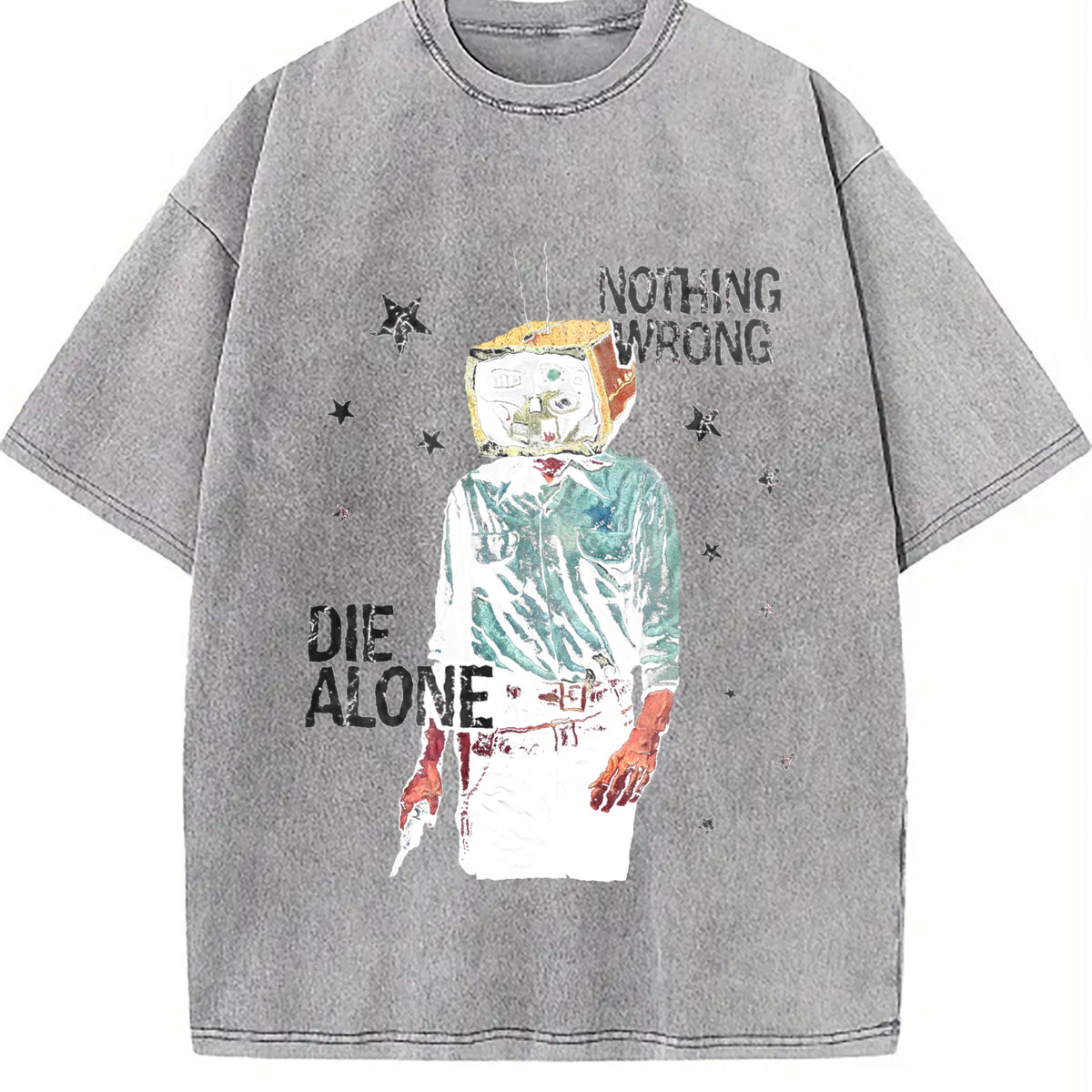 Tv Head Cowboy Die Alone White Grunge Vintage Washed T-Shirt - product view