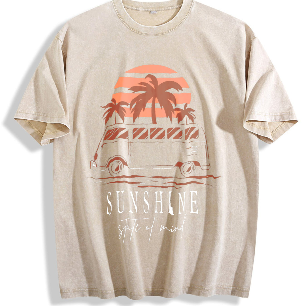 Black Water- With Sunset And Van And Sunshine State Vintage Washed T-Shirt - Beige