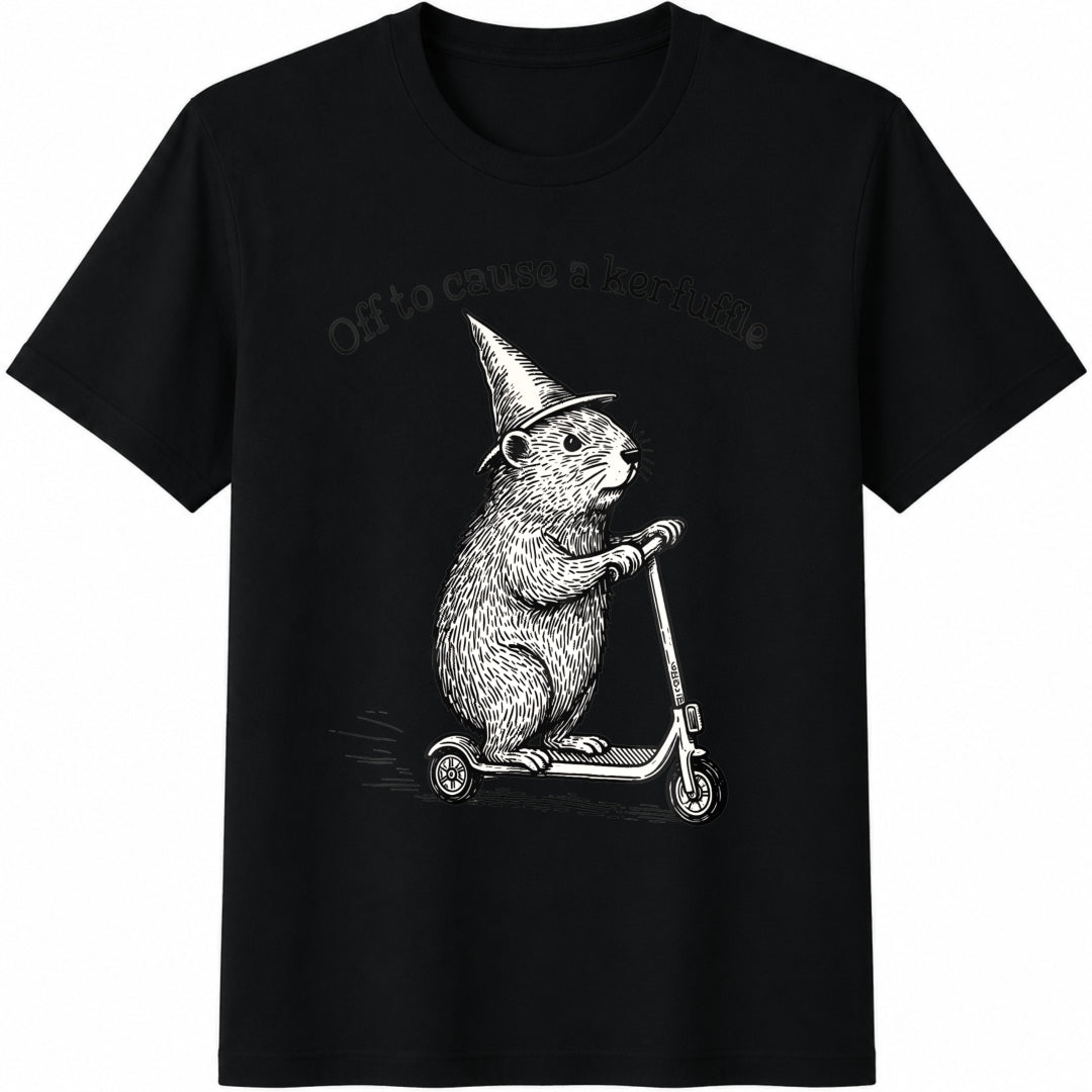 Off To Cause A Kerfuffle Funny Groundhog Scooter Silly Animal Cotton T-Shirt - Black