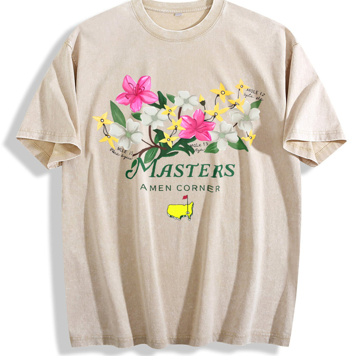 Masters Amen Corner Floral Golf Logo Muscle Vintage Washed T-Shirt - Beige