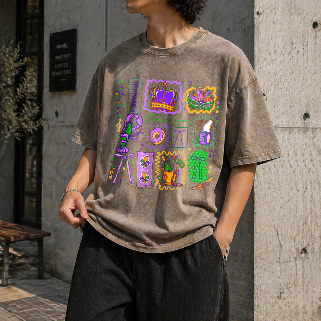 Mardi Gras Doodle Icons Vintage Washed T-Shirt - product view