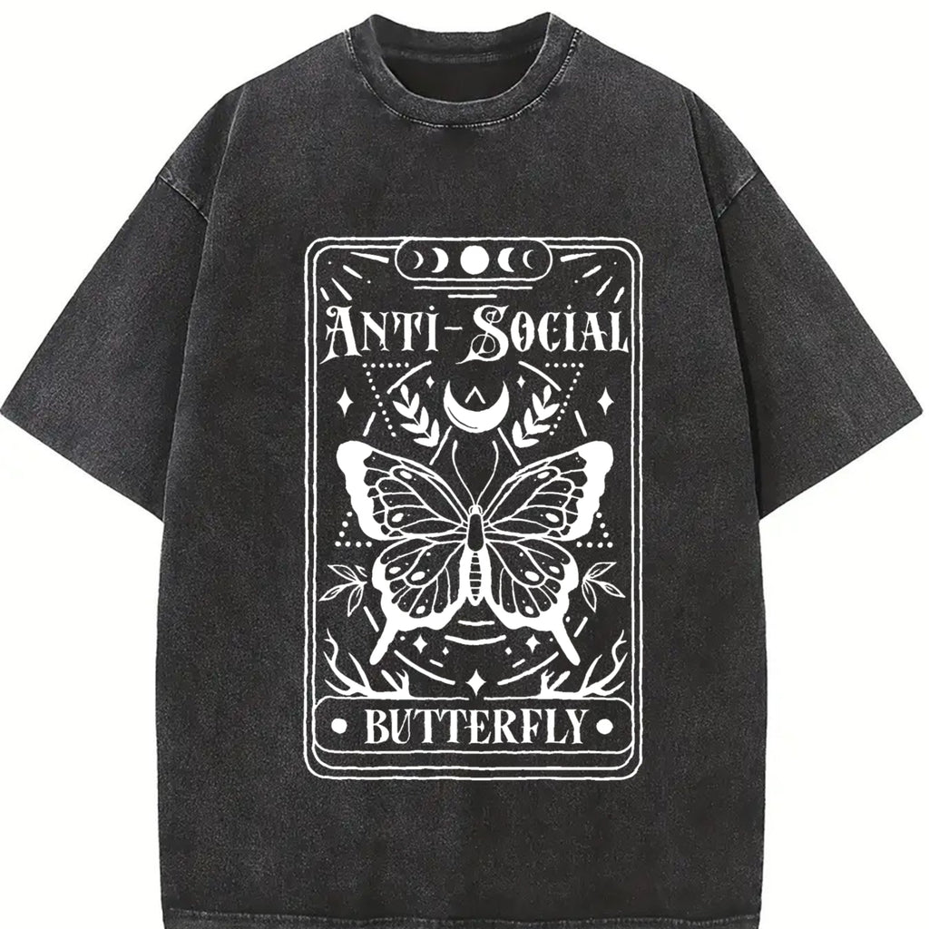 Women's Butterfly Print Round Neck Knitted T-Shirt, Casual Oversized Loose-Fitting Top for Summer Outdoor Activities, Stylish Daily Wear T-Shirt