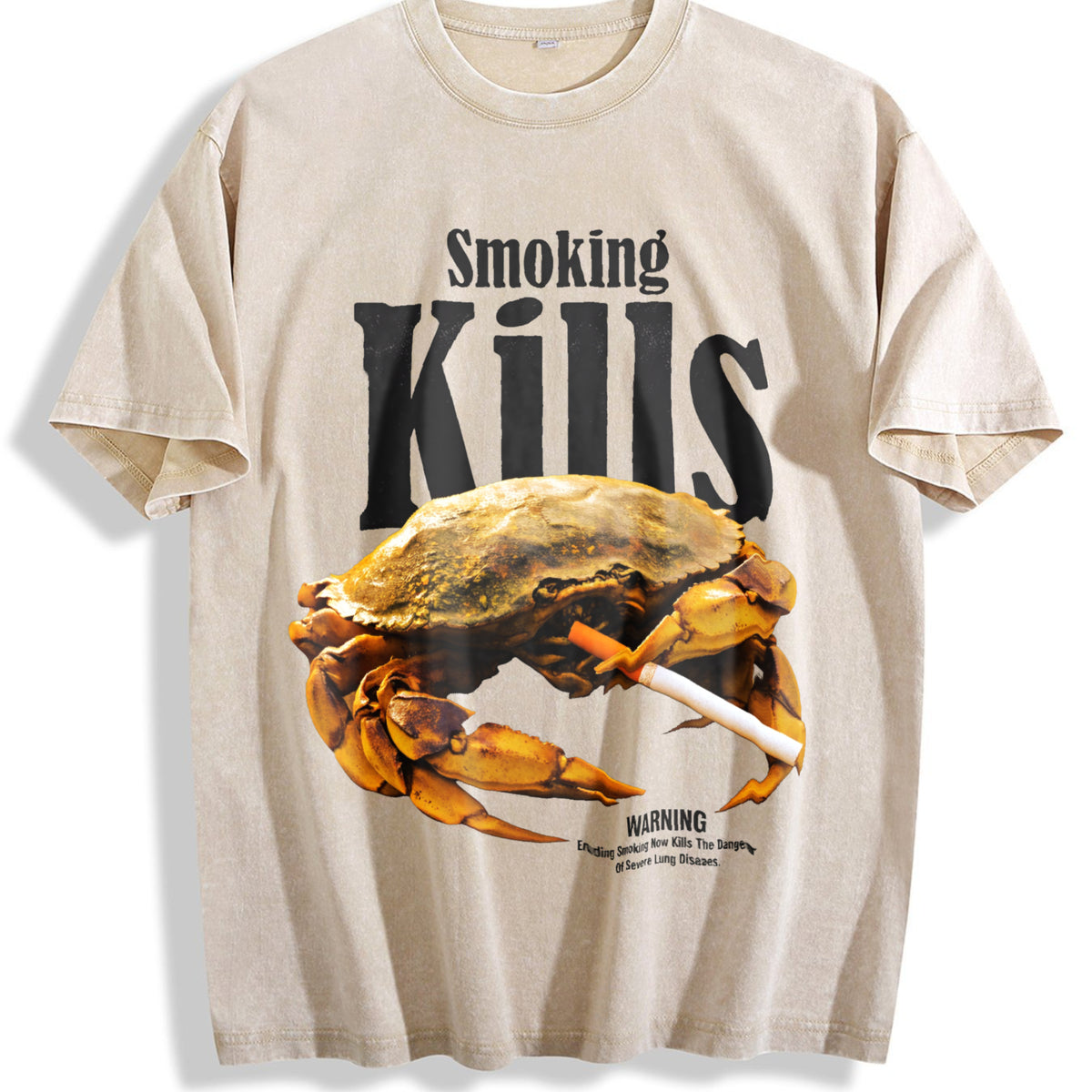 Smoking Kills Crab Vintage Washed T-Shirt - Beige