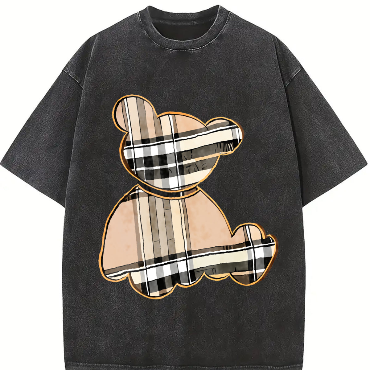 Women's Cartoon Bear & Plaid Graphic Cotton T-Shirt - Loose Fit Short Sleeve Round Neck, Breathable Summer Casual Top for Daily Wear & Parties, Machine Washable, Bear T Shirt, Relaxed Fit Tee, Comfortable Tee