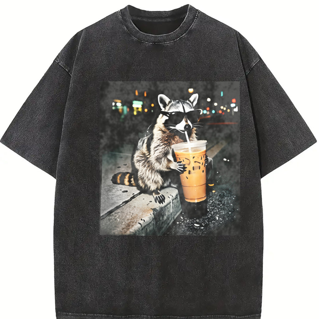 Funny Raccoon Iced Coffee T-Shirt, Trash Panda Coffee Lover Shirt, Vintage Streetwear Graphic Tee, Unisex Shirt, Gift for Men, Gift for Women, Holiday Gift