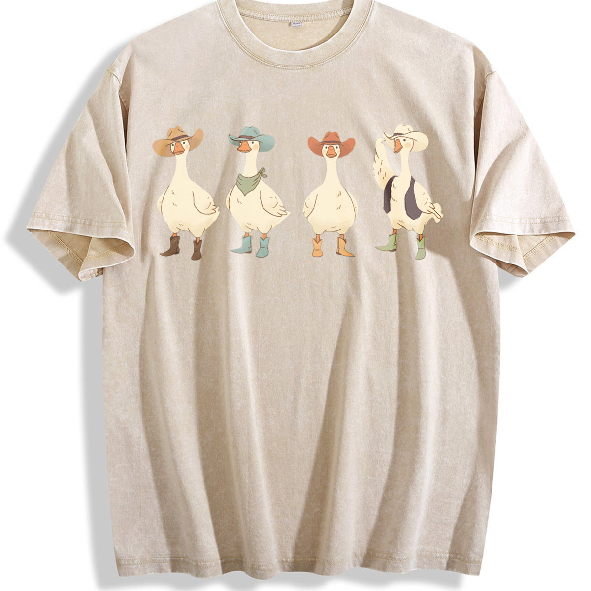 Western Cowboy Goose Lineup Vintage Washed T-Shirt - Beige