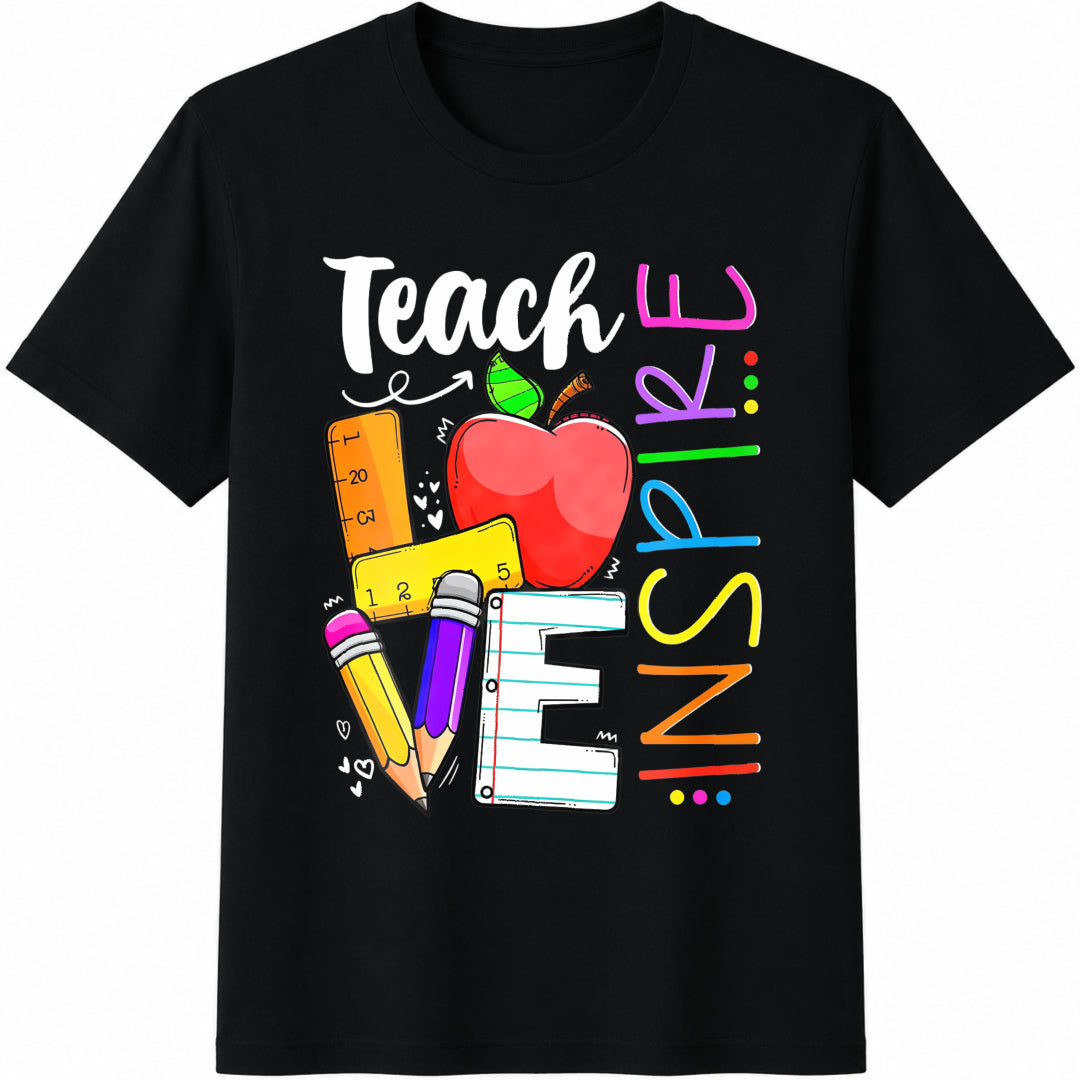 Cute Teach Love And Inspire Teacher Cotton T-Shirt - Black
