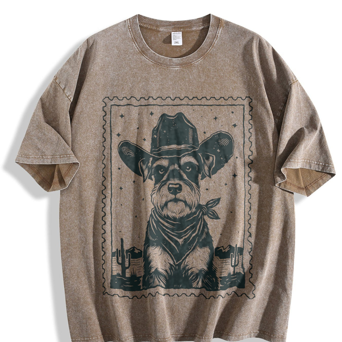 Cowboy Schnauzer Stamp Vintage Washed T-Shirt - product view