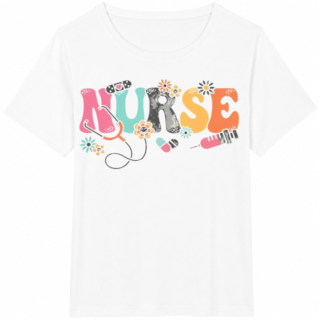Nurse Stethoscope Flowers Bandage Syringe Pills Cotton T-Shirt - product view