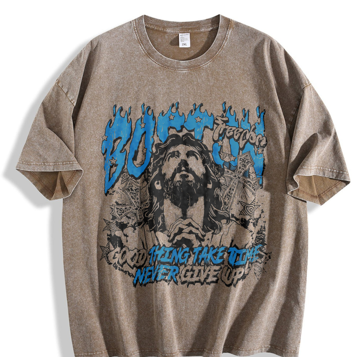 Boston Jesus Cross White Grunge Vintage Washed T-Shirt - product view