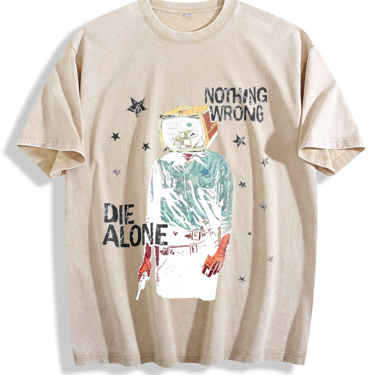 Tv Head Cowboy Die Alone White Grunge Vintage Washed T-Shirt - Beige
