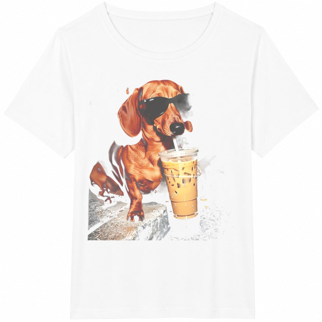 Funny Dachshund Drinking Iced Coffee Cotton T-Shirt - product view