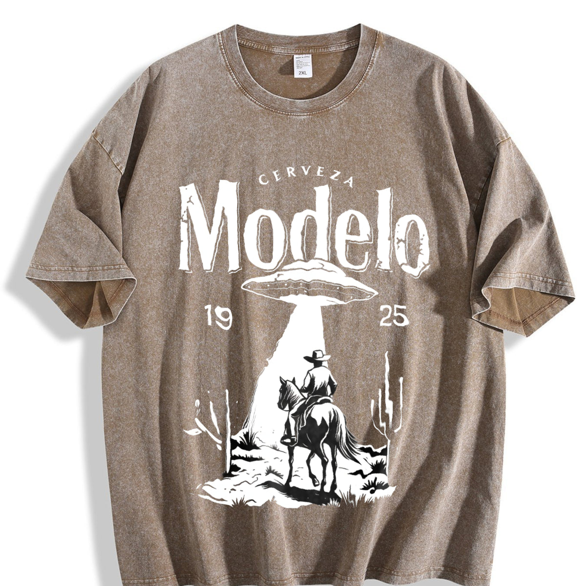 Modelo UFO Cowboy - - With Cerveza Modelo Letter Vintage Washed T-Shirt - product view