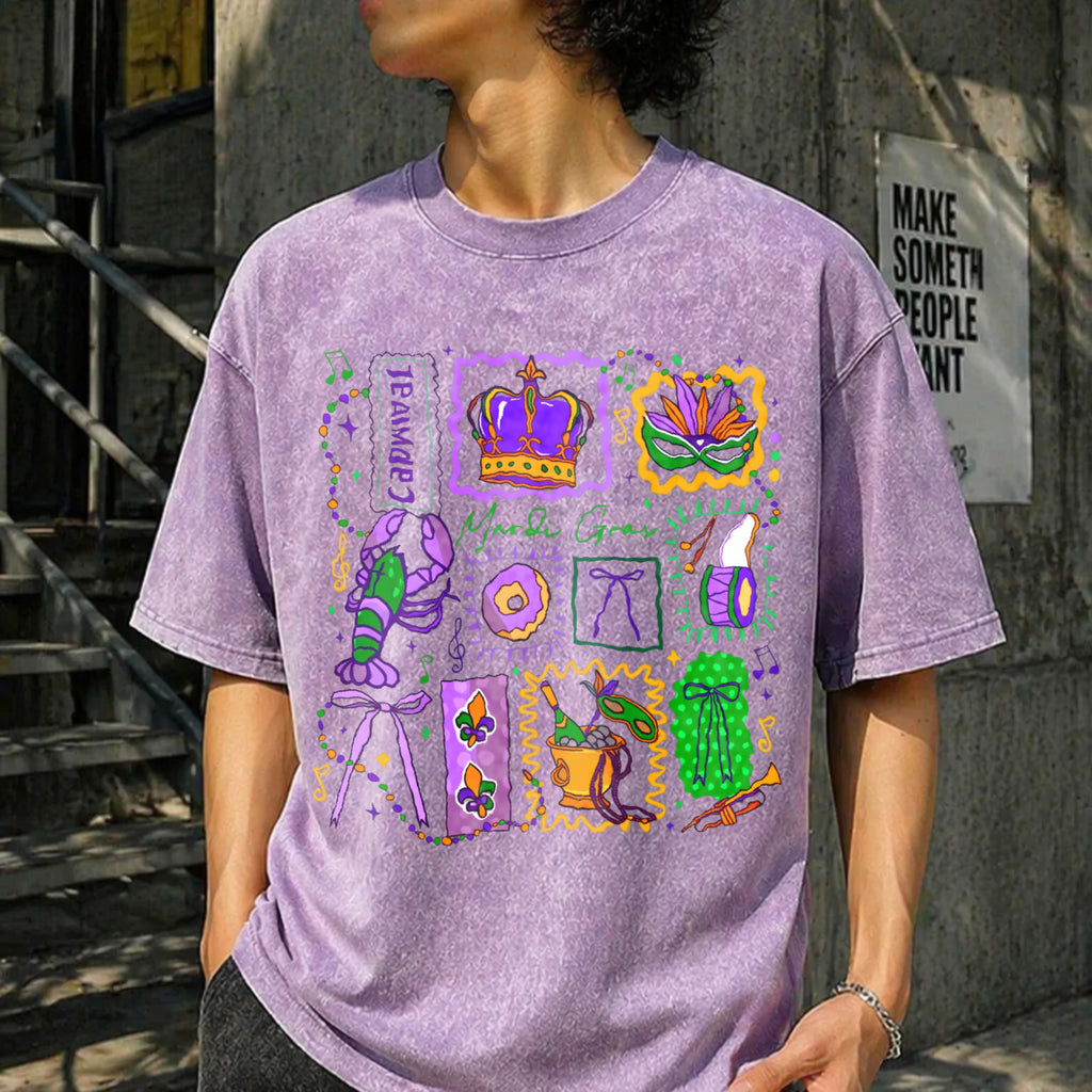 Mardi Gras Doodle Icons Vintage Washed T-Shirt - product view