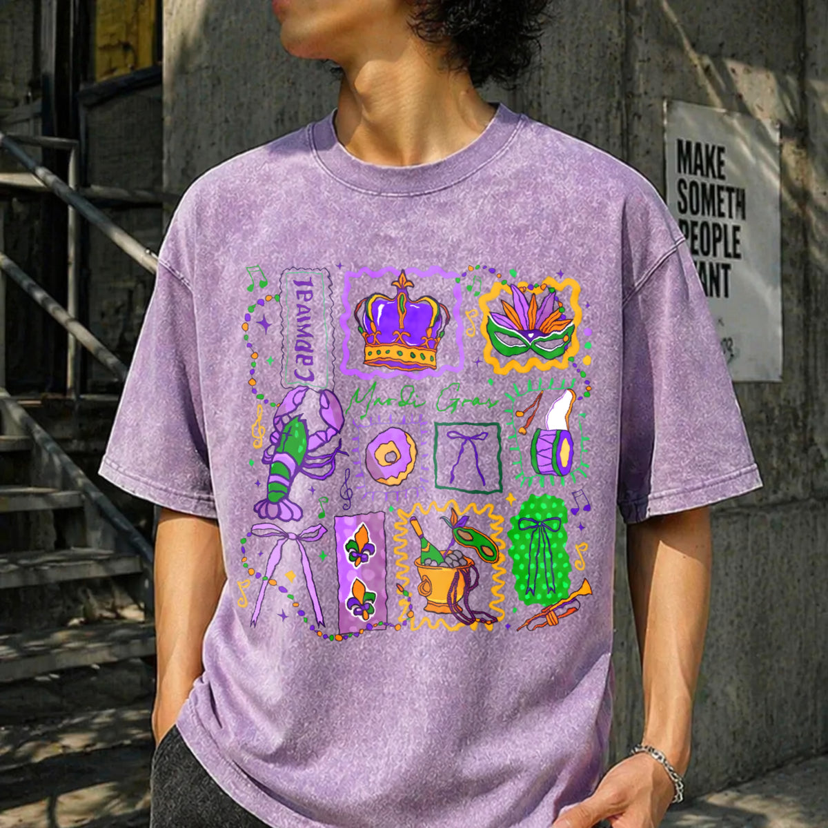 Mardi Gras Doodle Icons Vintage Washed T-Shirt - product view
