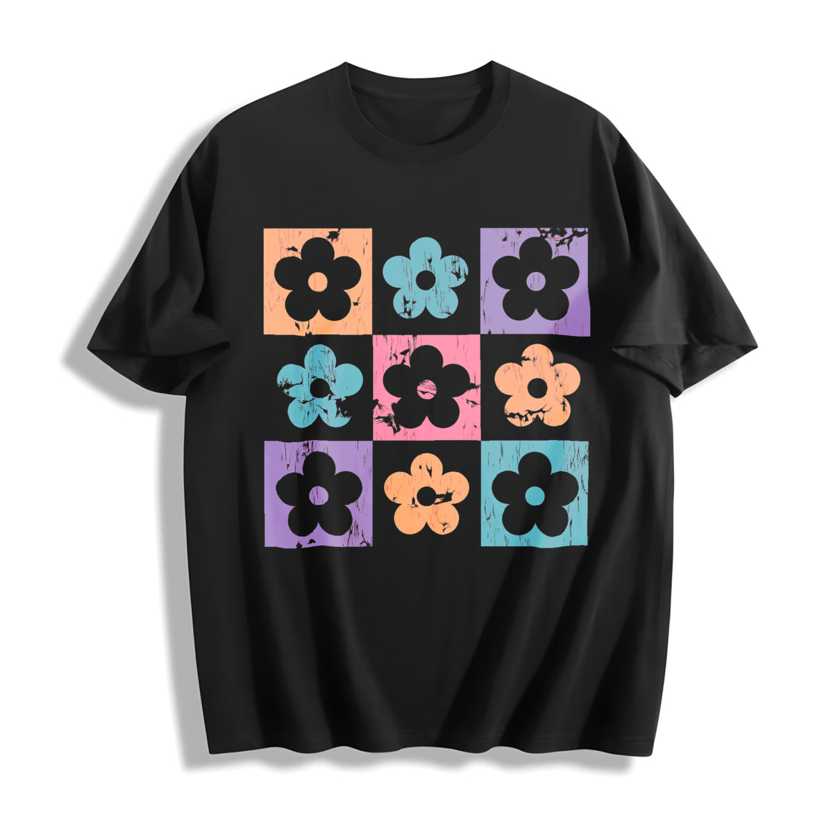 Checkered Flowers Cotton T-Shirt - product view