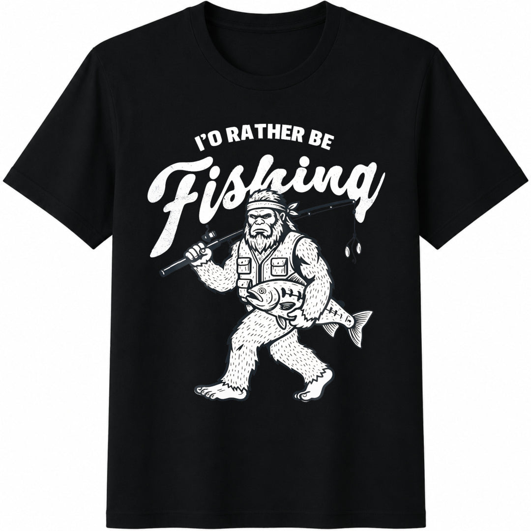 Bigfoot Fishing Cotton T-Shirt - Black