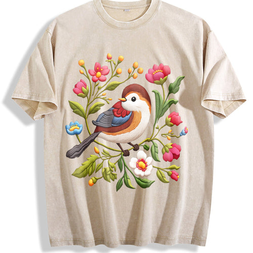 - Bird & Floral - Stretch Vintage Washed T-Shirt - Beige