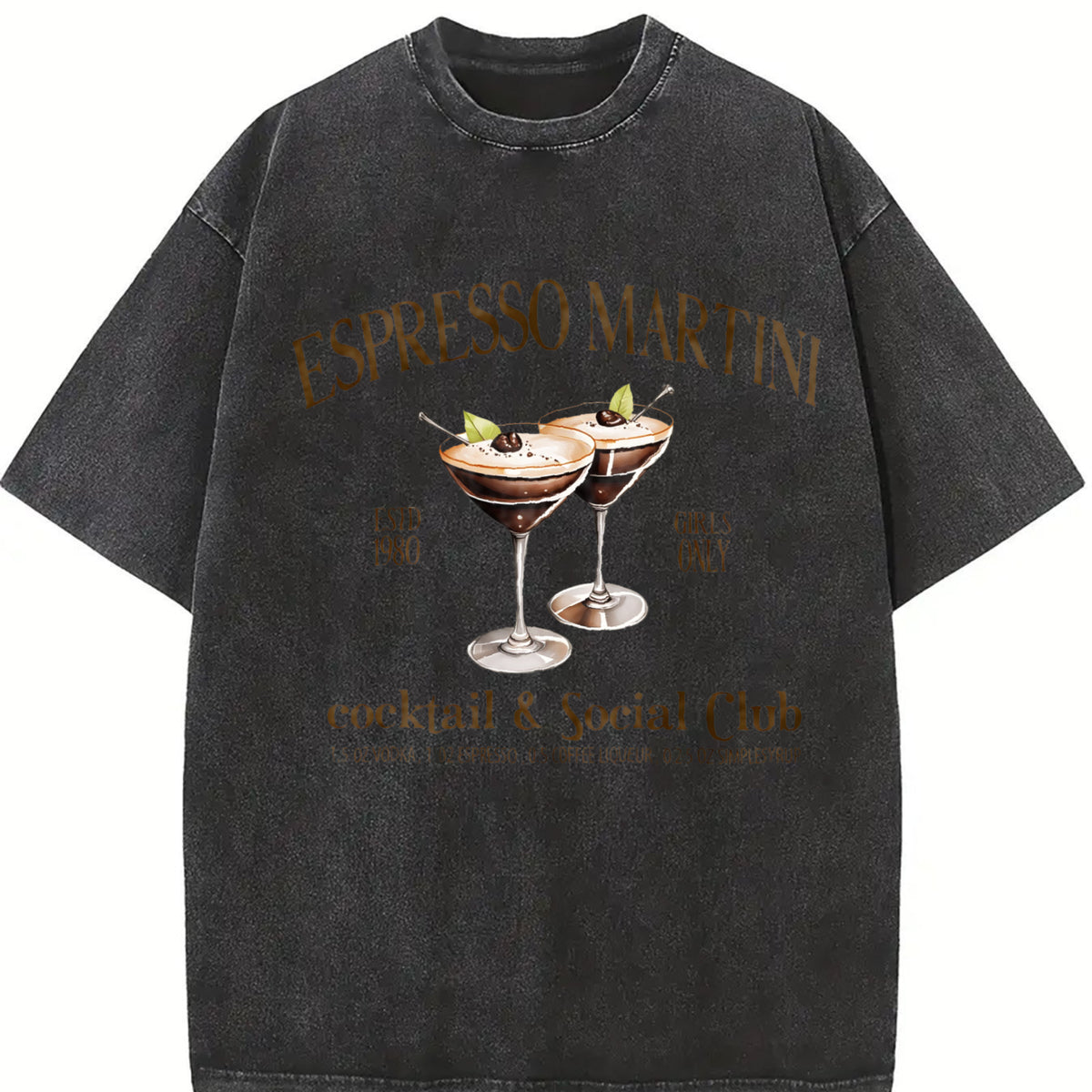 Women's Espresso Martini Cocktail Print Round Neck Tee, Casual Short Sleeve T-shirt for Daily Wear, Ladies Sleepwear for Fall, Top