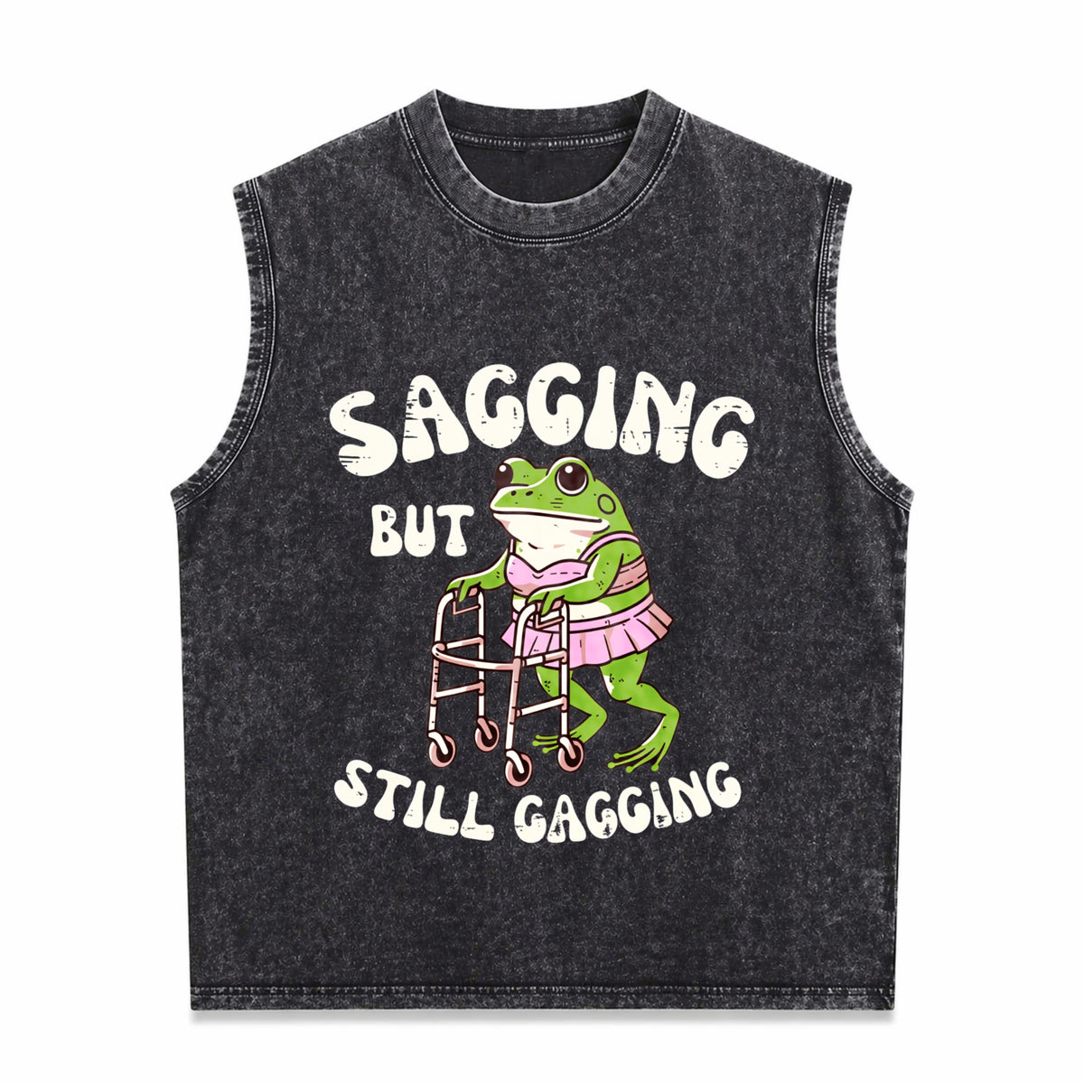 Sagging But Still Gagging Frog Funny Cringe Meme Men's Washed Tank Top - Black