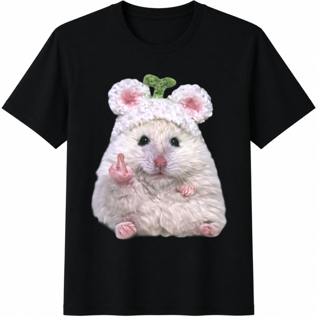 Funny Hamster Middle Finger Cotton T-Shirt - Black