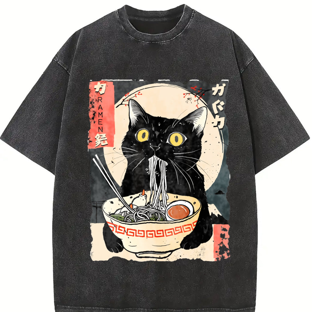 Women's Cat & Ramen Noodles Print Round Neck Tee, Fashion Casual Printed Crew Neck Short Sleeve T-Shirt for Daily Holiday Vacation Outdoor Wear, Ladies Clothes for Summer