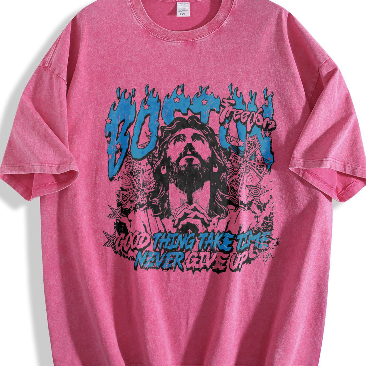 Boston Jesus Cross White Grunge Vintage Washed T-Shirt - product view