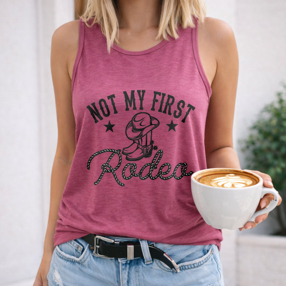Not My First Rodeo - Black Tank With Cowboy Hat & Stars Women's Tank Top - product view