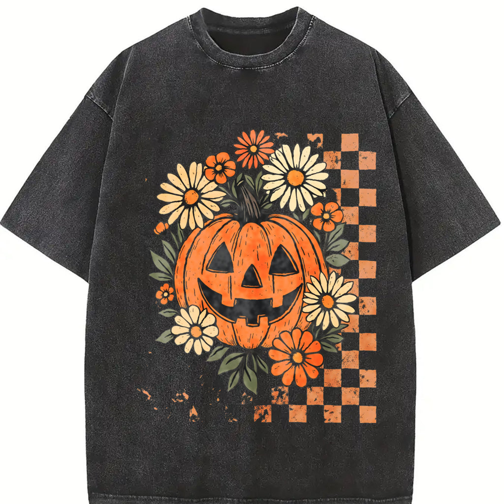 Retro Floral Pumpkin Shirt, Funny Pumpkin Halloween Tee, Preppy Halloween Tshirt, Halloween Pumpkin Spooky Season, Checkered Design
