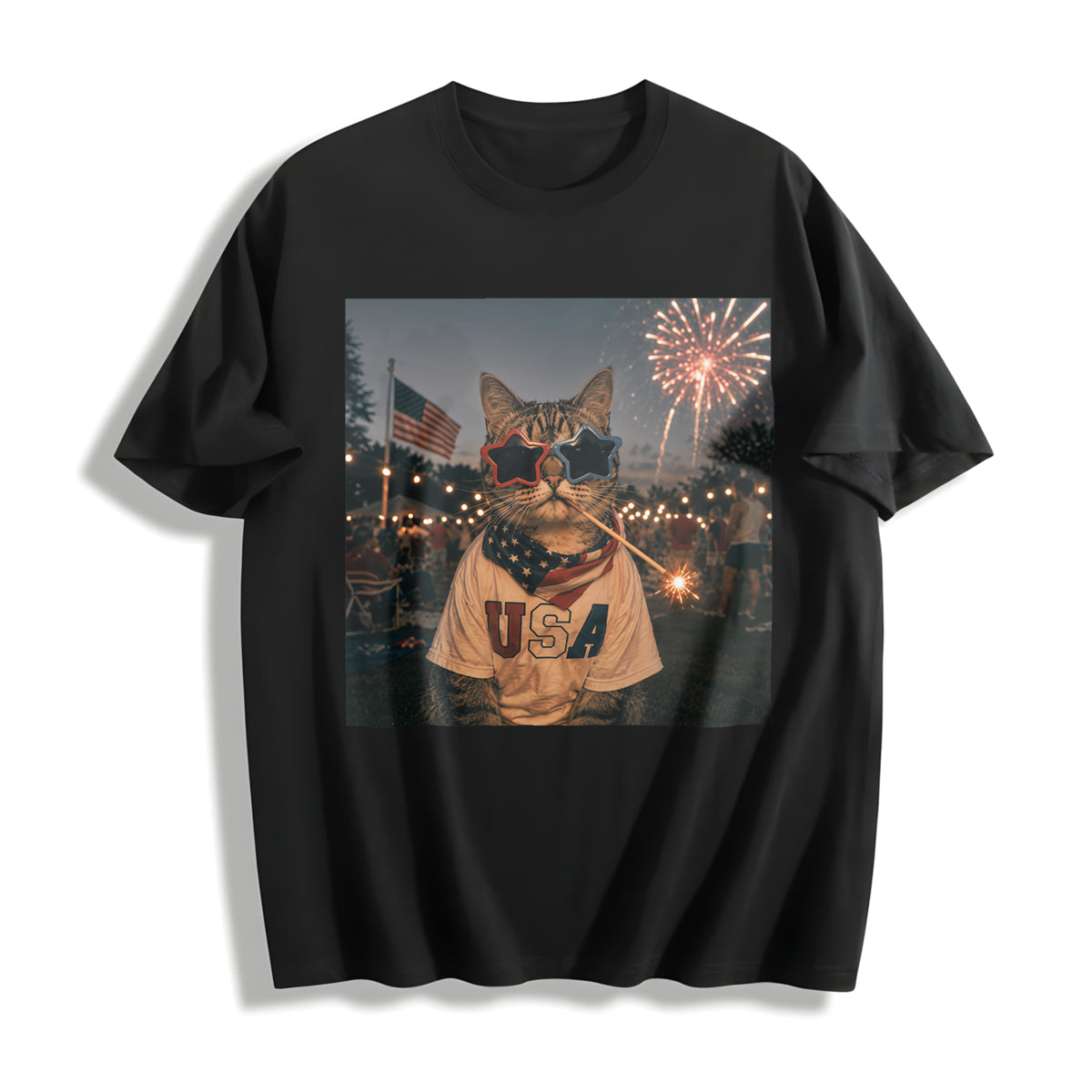 Funny Patriotic Cat - Fourth Of July Cotton T-Shirt - Black