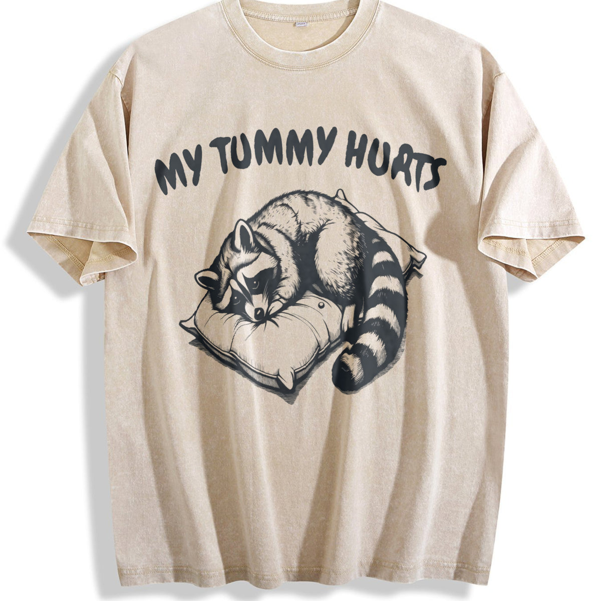 Cute Raccoon My Tummy Hurts 90s Vintage Washed T-Shirt - Beige