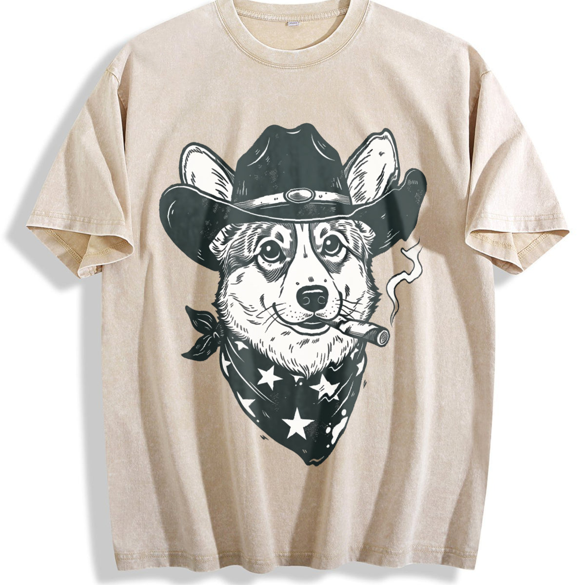 Smoking Cowboy Corgi Vintage Washed T-Shirt - Beige