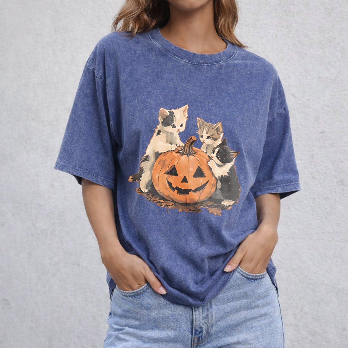 90s Cat Pumpkin Halloween Vintage Washed T-Shirt - product view