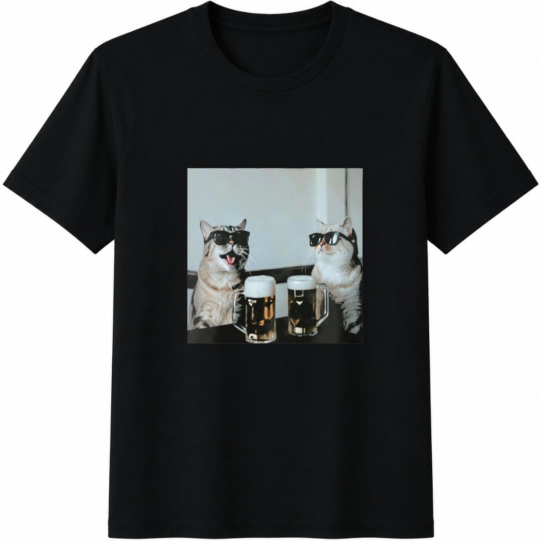 Funny Cats Drinking Beer Cotton T-Shirt - Black