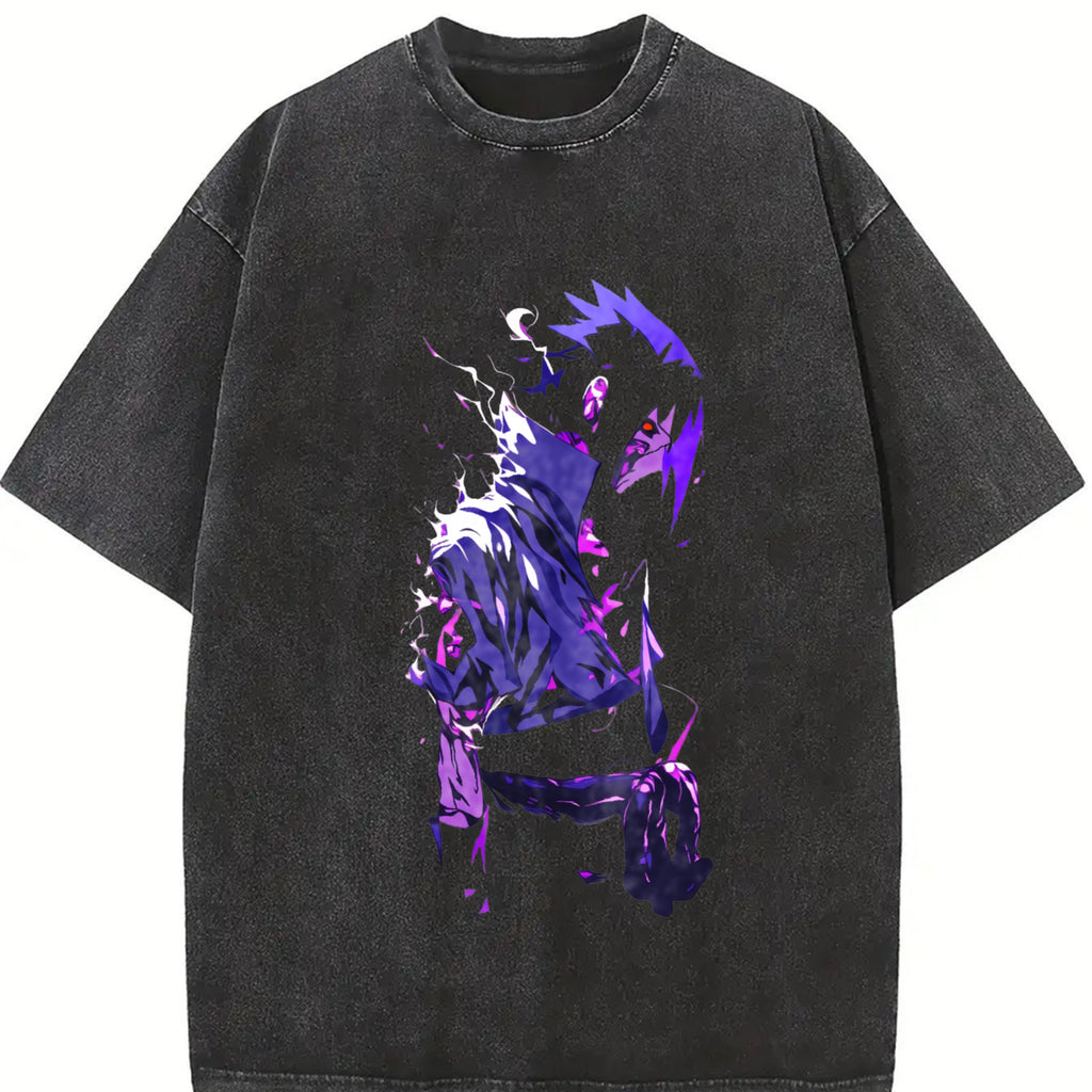 Sasuke Anime Graphic Tee - Stylish Unisex Washed Shirt for True Naruto Fans, Comfortable Cotton Fit with Bold Anime Print Design, Perfect for Streetwear Vibes