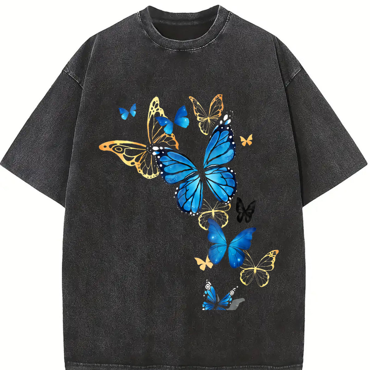 Elegant Blue Butterfly Pattern Cotton TShirt Perfect for Nature Enthusiasts