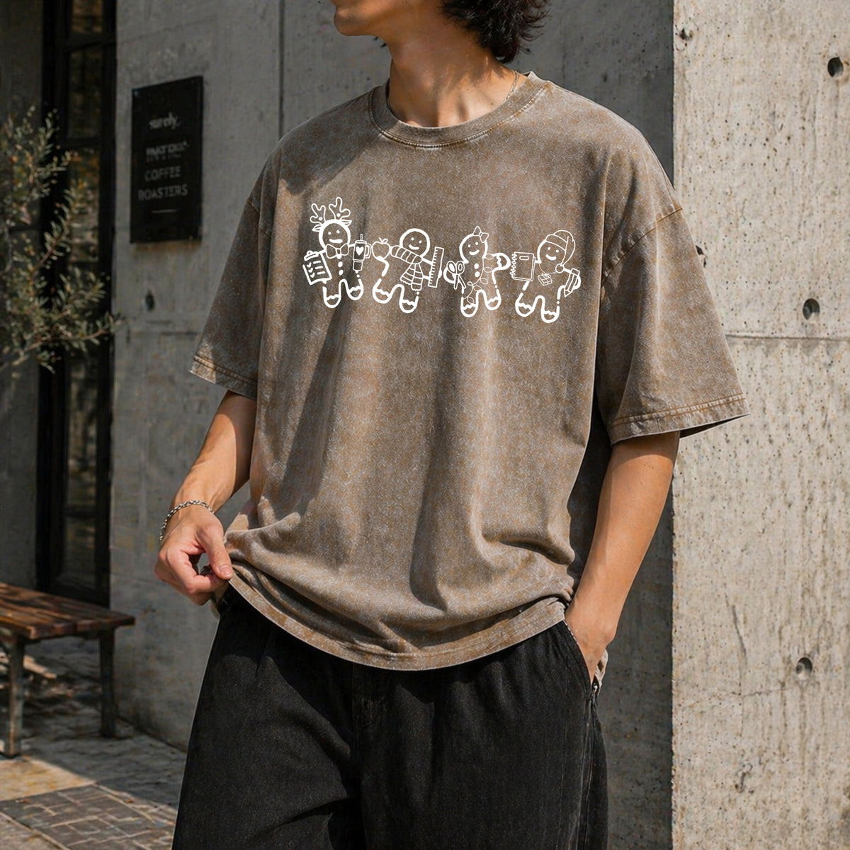 Gingerbread Teacher Christmas Vintage Washed T-Shirt - product view