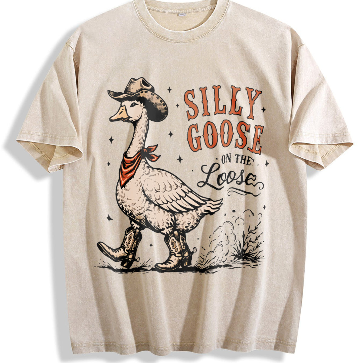 Silly Goose Cowboy : Western Animal Vintage Washed T-Shirt - Beige
