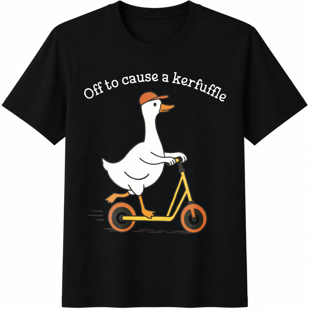 Off To Cause A Kerfuffle Funny Goose Scooter Silly Duck Animal Cotton T-Shirt - Black