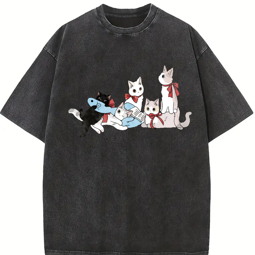 230G Washed, Interesting Cat Book Wishing You Happiness Printed T-Shirt Pure Cotton Washed, Suitable for Outdoor Adventure Travel on The Streets, Preferred As a Gift for Family, Friends And Colleagues