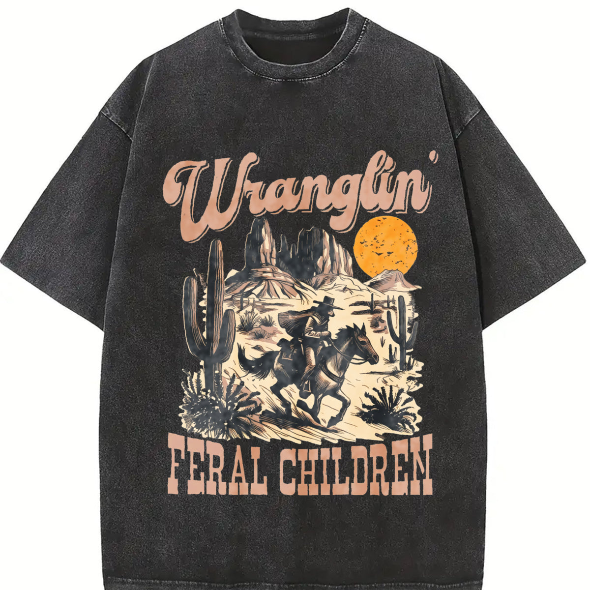 Comfort Colors Retro Wranglin' Feral Children Raccoon 90s Western Graphic Shirt, Cotton T-Shirt, Vintage Cowgirl Aesthetic, Crewneck T-Shirt