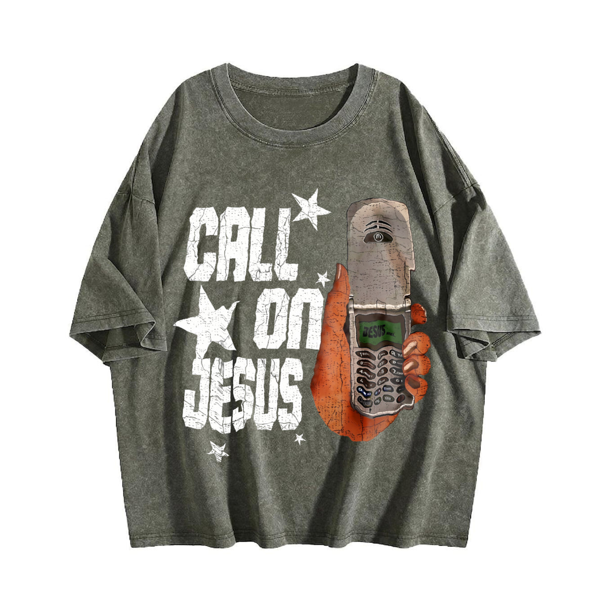 Call On Jesus Flip Phone White Religious Vintage Washed T-Shirt - product view