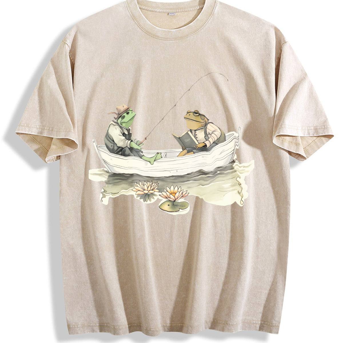 Fishing Frogs 90s Vintage Washed T-Shirt - Beige