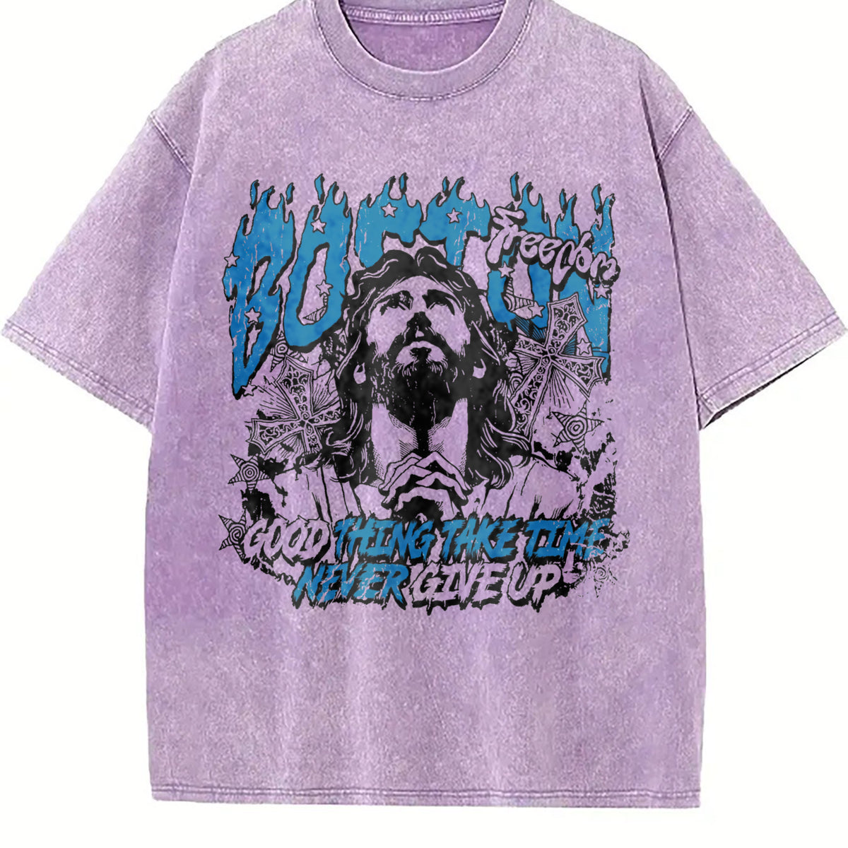 Boston Jesus Cross White Grunge Vintage Washed T-Shirt - product view