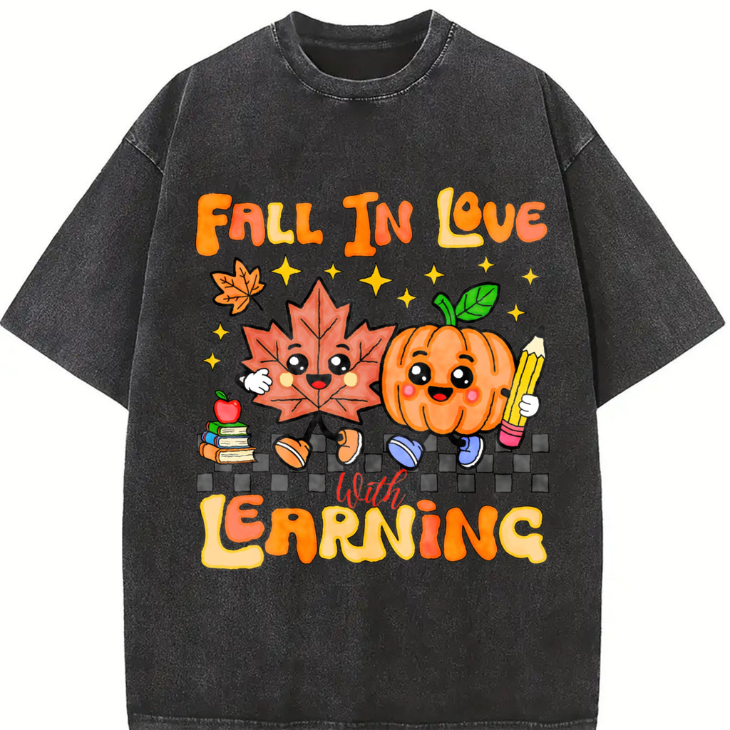 Retro Teacher Fall Shirt, Fall in Love with Learning Tshirt, Groovy Pumpkin Teacher Tee, Thanksgiving Autumn School Shirt