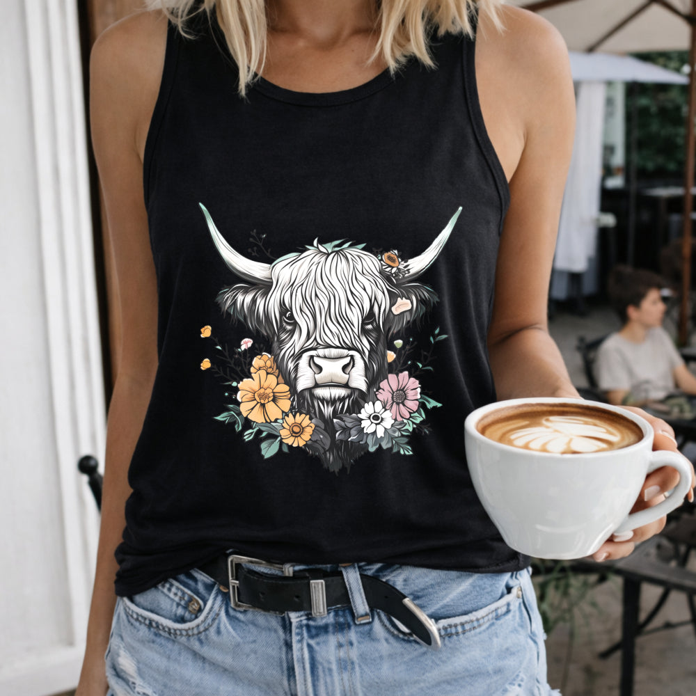 Floral & Highland Calf Women's Tank Top - Black