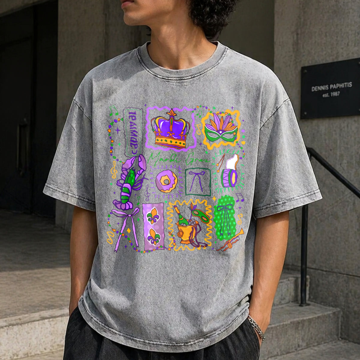 Mardi Gras Doodle Icons Vintage Washed T-Shirt - product view