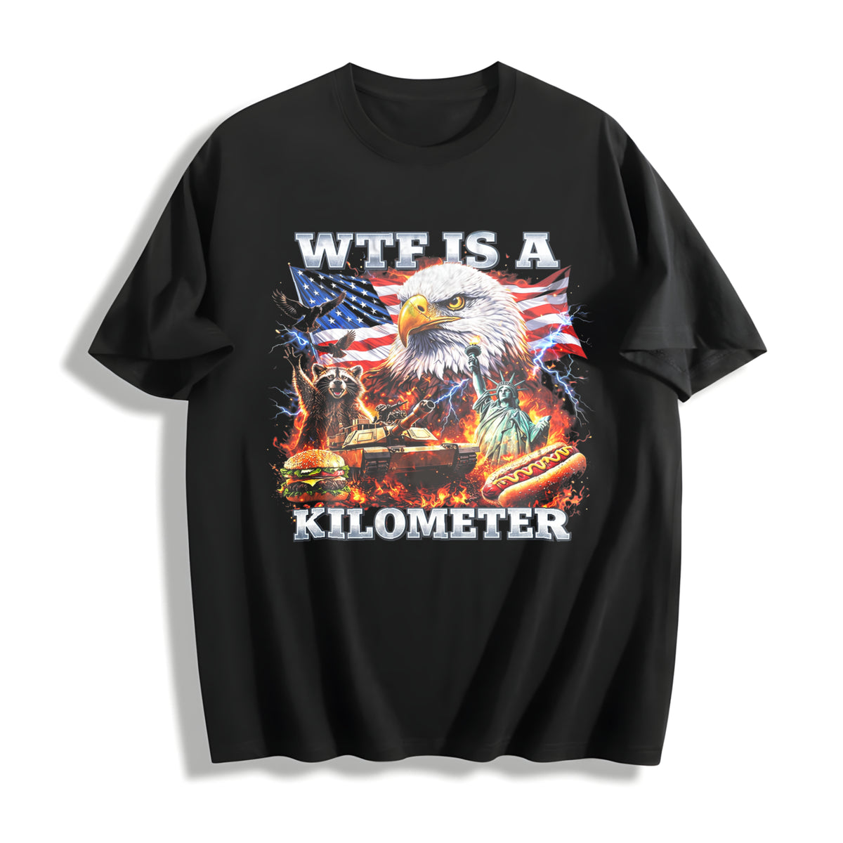 WTF Is A Kilometer Funny Patriotic USA Eagle American Meme 4th Cotton T-Shirt - Black